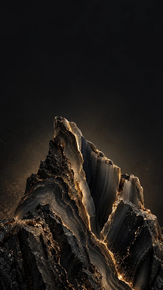 手机壁纸提示词：黑金矿物晶体的纵向切面