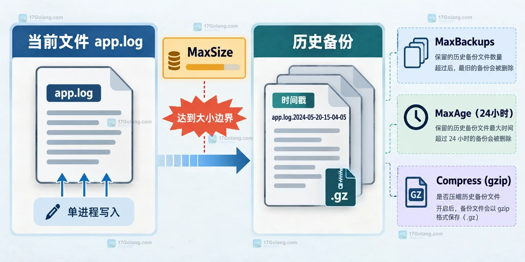 Lumberjack 当前日志达到 MaxSize 后生成带时间戳备份并按保留策略清理的静态边界关系图