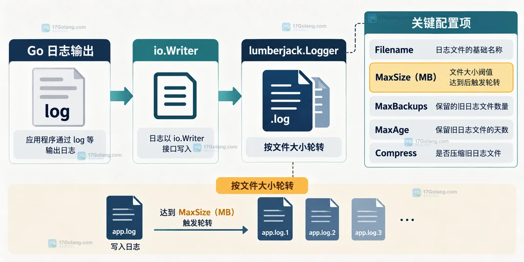 Go log 输出连接 Lumberjack Logger 以及 Filename、MaxSize、Compress 配置字段的静态关系说明图