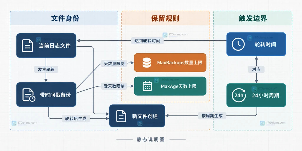 Go Lumberjack Logger 与日志保留数量和天数配置字段的静态关系说明图