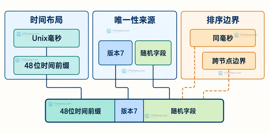 Go CreateID 调用 uuid.NewV7 后分流到 UUID 值、错误日志和数据库主键的结构说明图