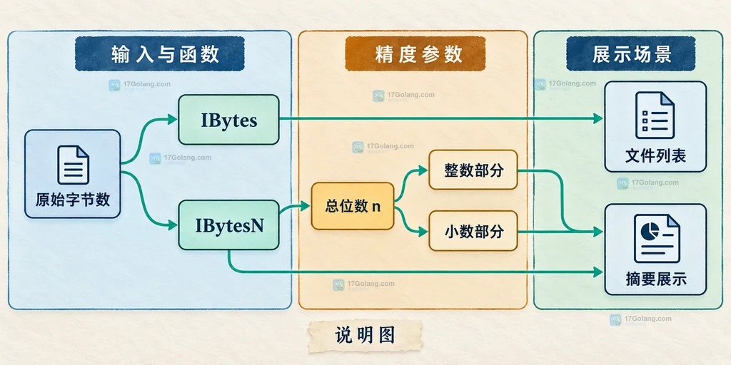 Go Humanize 的 IBytes 与 IBytesN、总位数参数和文件列表展示场景关系说明图