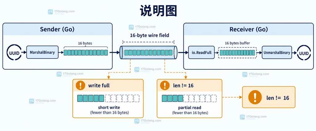 UUID发送和接收分别经过完整写入、io.ReadFull与UnmarshalBinary的边界说明图