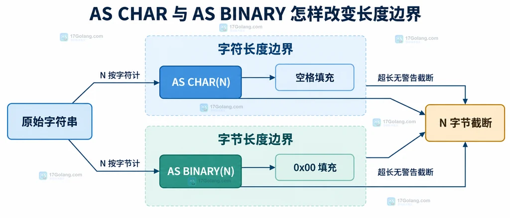 原始字符串分别进入 AS CHAR 和 AS BINARY 后产生空格或零字节填充的静态结构图