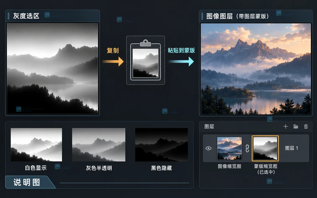 灰度选区粘贴到图层蒙版后显示关系的原创界面说明图