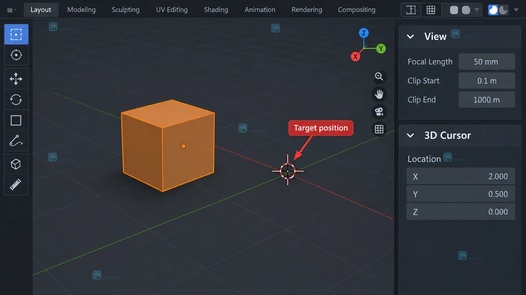 Blender Object Set Origin 菜单中选择 Origin to 3D Cursor 的原创结果示意图