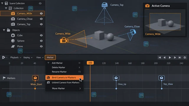 Blender 怎样给不同摄像机绑定时间线标记