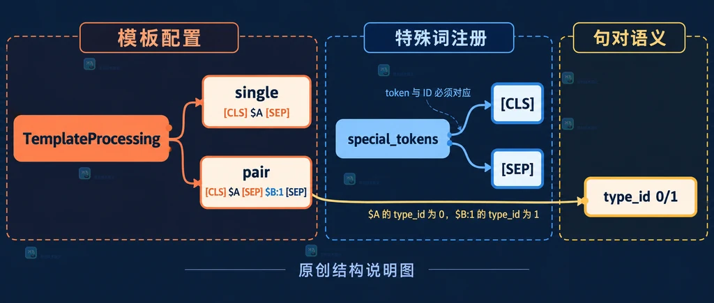 TemplateProcessing 的 single、pair、special_tokens、特殊词和 type_id 之间的静态关系说明图