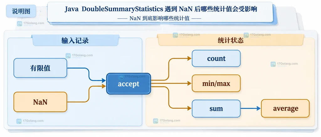 DoubleSummaryStatistics 接收有限值和 NaN 后影响 count、min、max、sum、average 的结构说明图