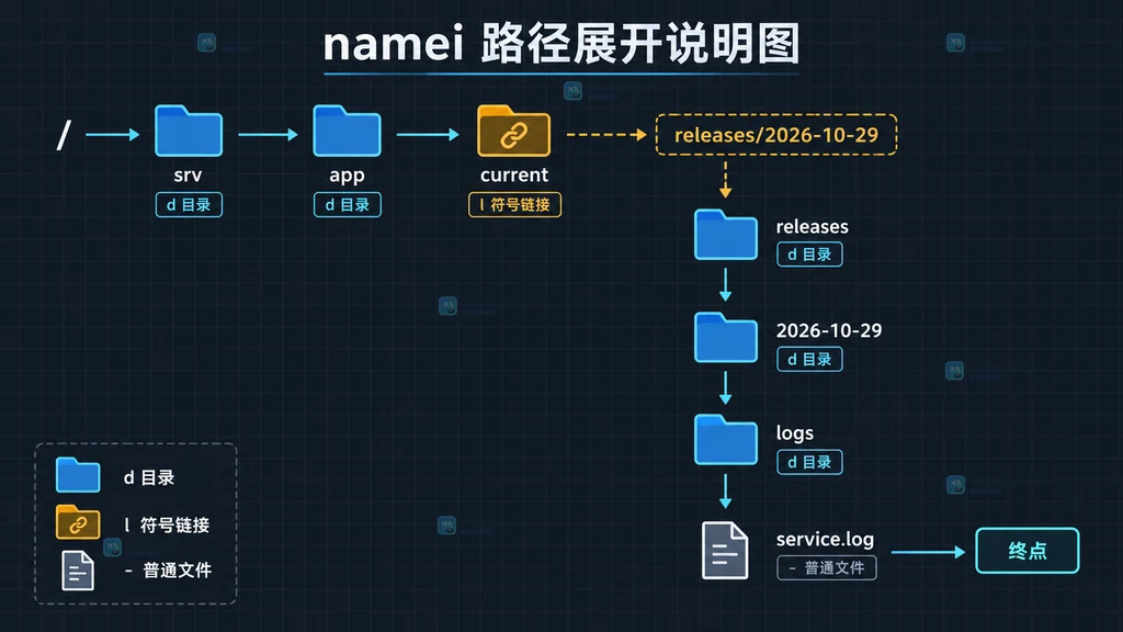 Linux namei 普通跟随模式与 -n 禁止跟随模式对比并定位错误链接的静态排查说明图