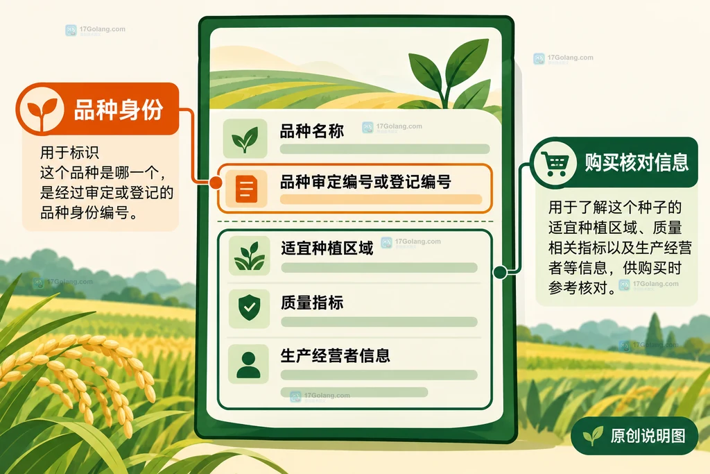 抽象种子标签中品种身份编号与质量经营信息的分组说明图