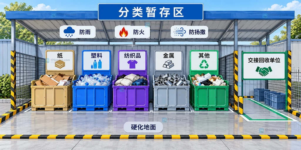 报废快递包装按纸、塑料、纺织品、金属和其他分类并在防雨防火硬化地面暂存的静态说明图
