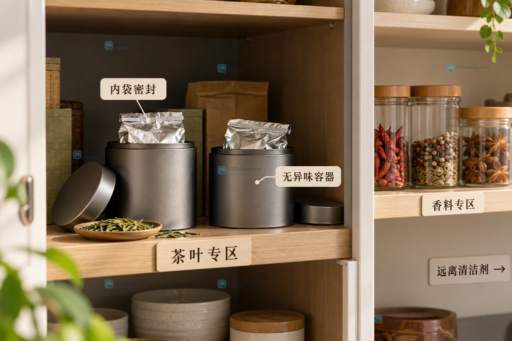 茶叶独立分区与内袋密封、无异味容器的储存方式
