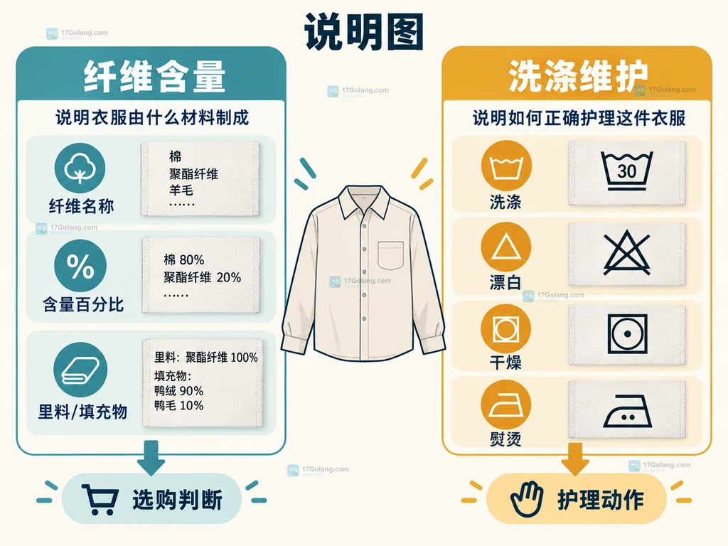 纤维含量标签与洗涤维护标签职责边界说明图