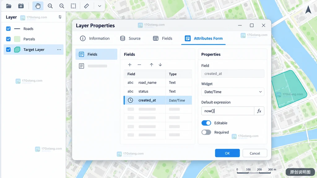 原创 GIS 界面说明图:从 Layers 面板进入 Layer Properties 的 Attributes Form 和 Fields 设置