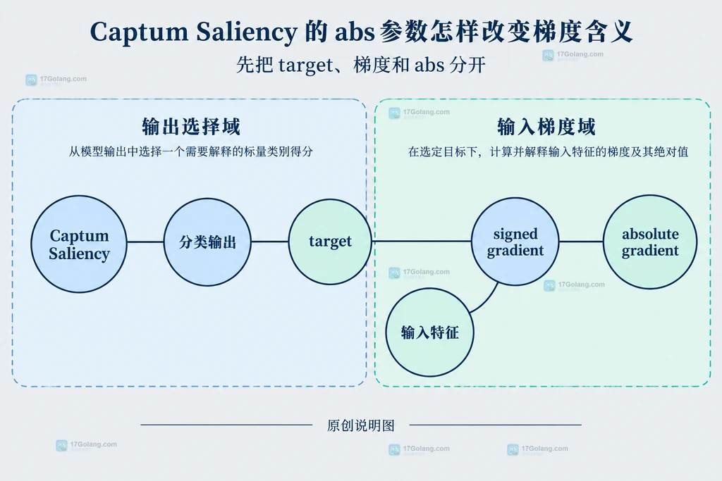 Captum Saliency 带符号梯度与绝对梯度的方向和幅度关系说明图