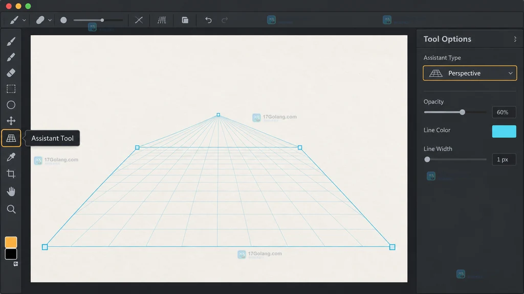 Krita 原创界面说明图，展示 Assistant Tool、Tool Options 和 Perspective 入口