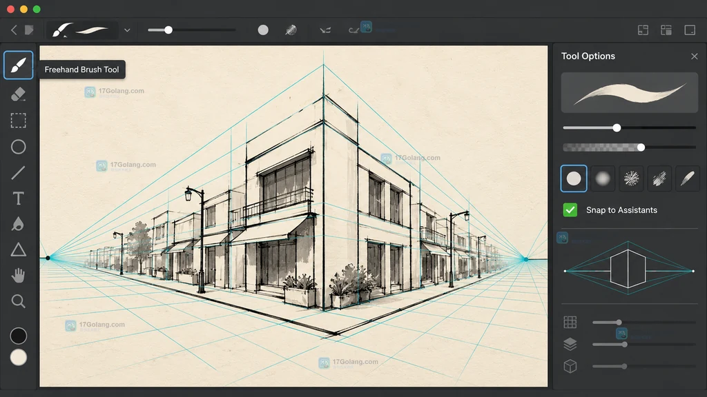 Krita 原创界面说明图，展示 Freehand Brush Tool 开启 Snap to Assistants 后沿透视网格落笔
