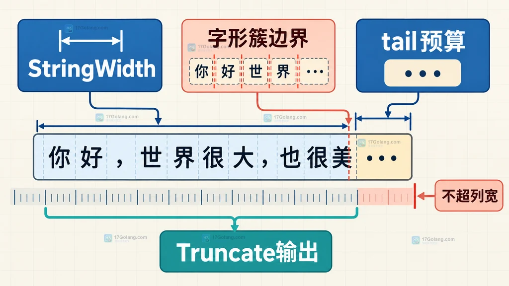 Go Truncate预留尾标记并在字形簇边界停止的结构说明图