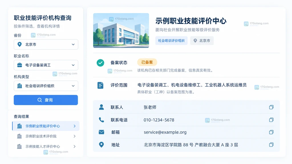 职业技能等级评价机构详情页中备案状态和联系人电话邮箱地址字段的原创界面说明图