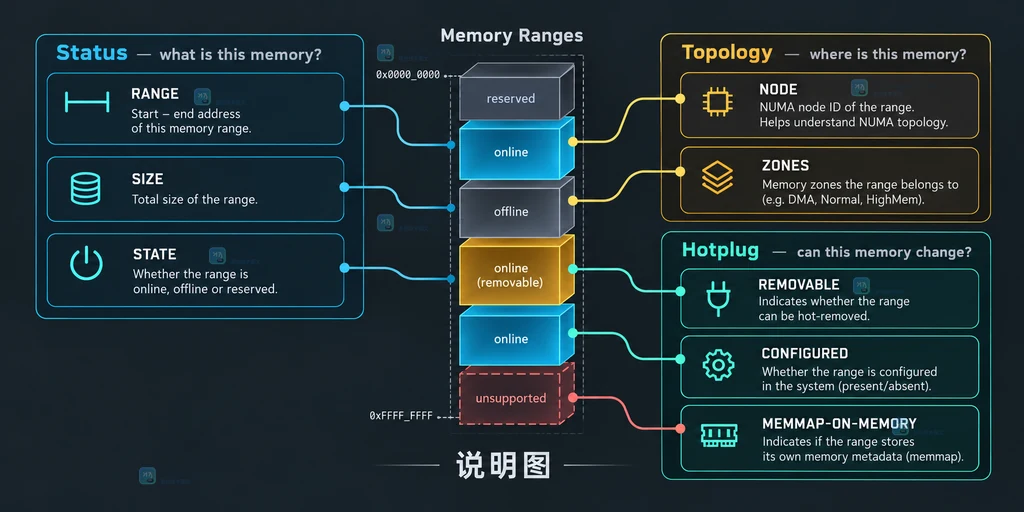 Linux lsmem 按排查任务选择 RANGE SIZE STATE NODE ZONES 和热插拔字段的说明图