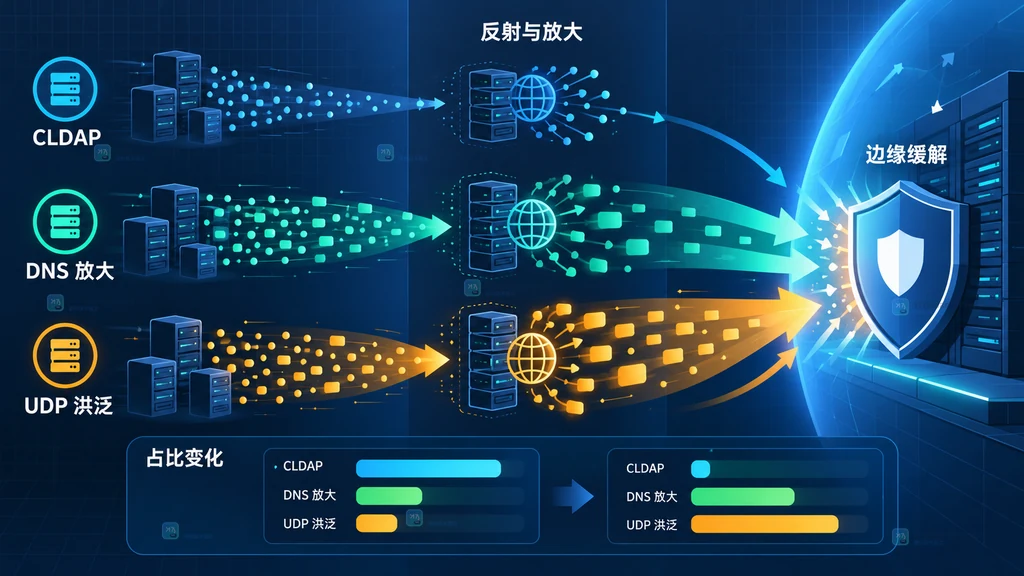 CLDAP 下降、DNS 放大和 UDP 洪泛上升并汇入边缘缓解的静态关系图
