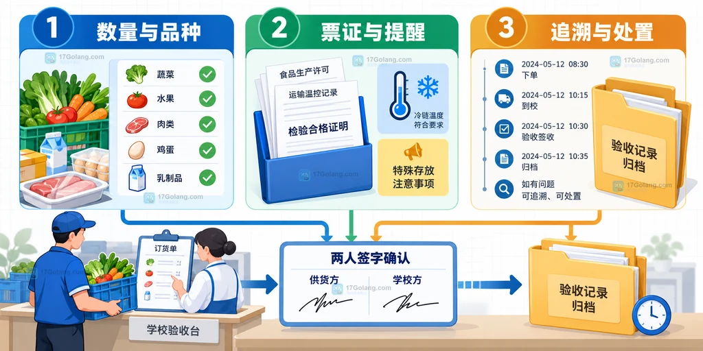 学校食材配送票证、特殊贮存提醒、异常处置和批次追溯记录的关系示意图