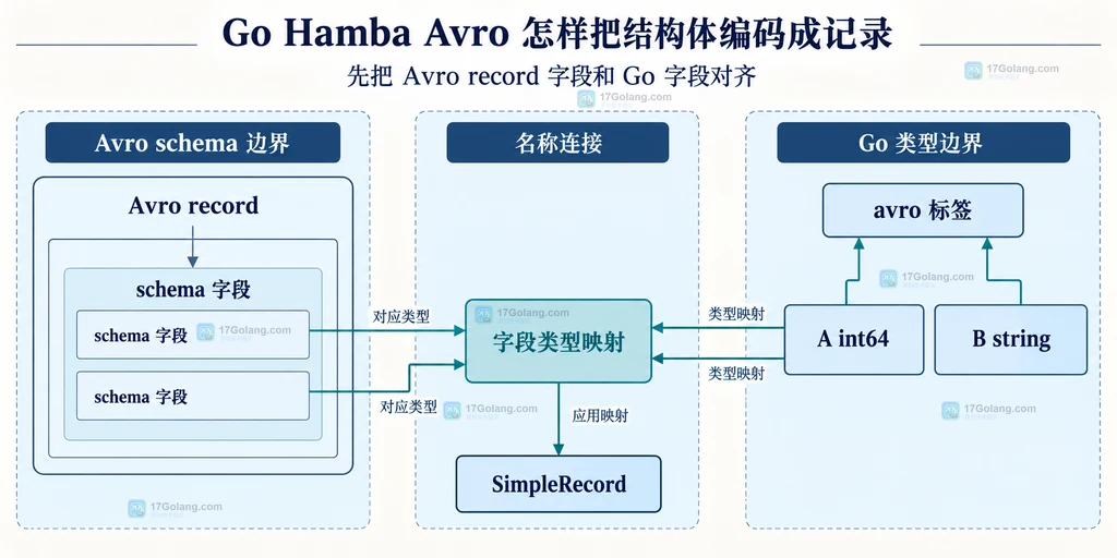 Avro record schema、avro 标签和 Go Order 结构体字段之间的静态映射关系说明图