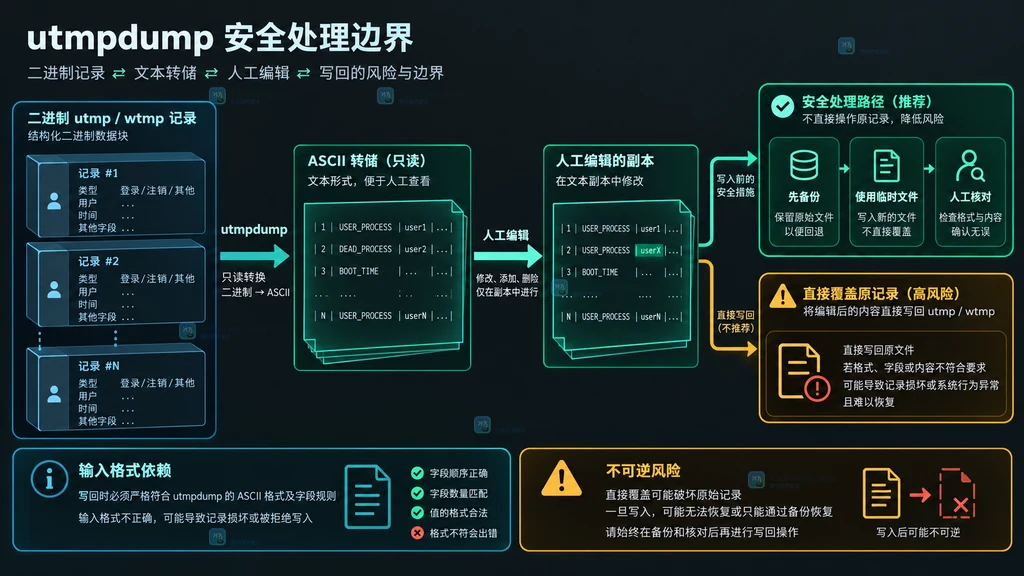 utmpdump旧式ctime和新式ISO-8601 UTC时间文本与转换风险的关系图