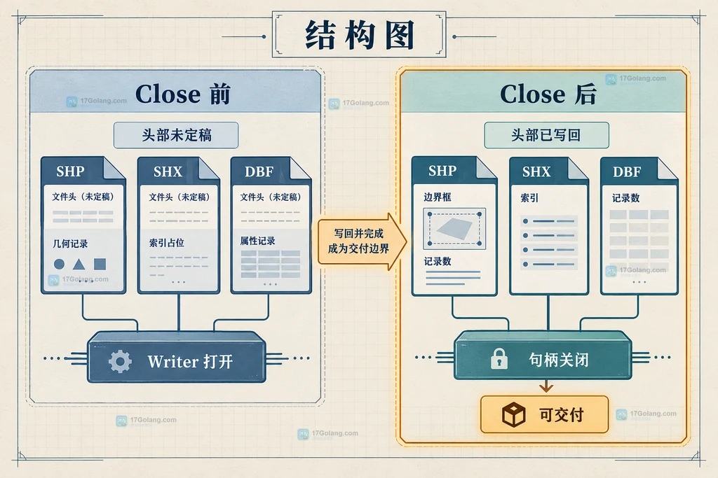 Go go-shp Writer 从几何与属性写入到 SHP、SHX、DBF 头部收尾的结构说明图