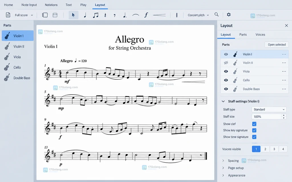 MuseScore Studio 风格的 Layout 面板，展示声部中的乐器可见性和声部设置