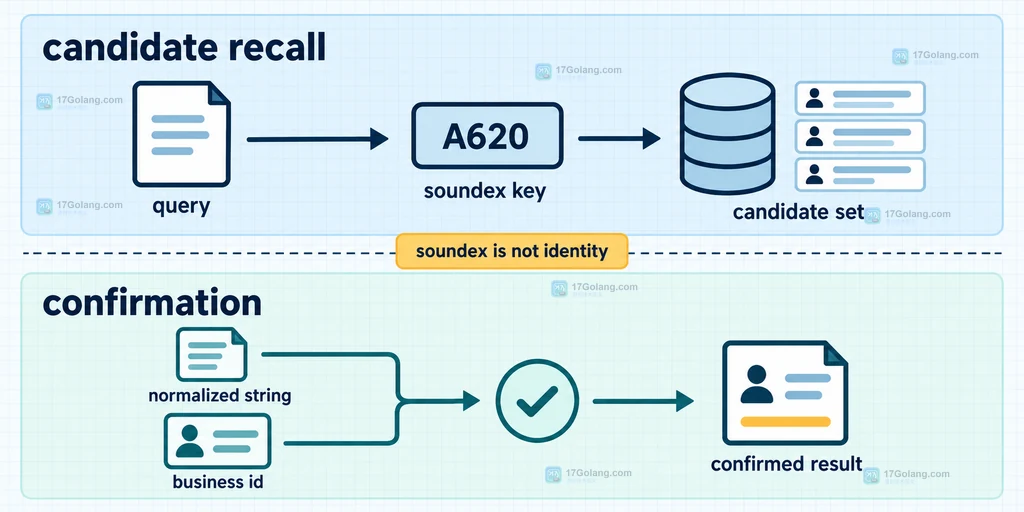 PHP soundex 把不同拼写压缩到同一个语音编码桶的静态结构说明图