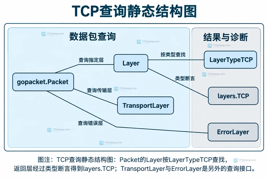 TCP查询静态结构图:Packet的Layer按LayerTypeTCP查找,返回层经过类型断言得到layers.TCP;TransportLayer与ErrorLayer是另外的查询接口。