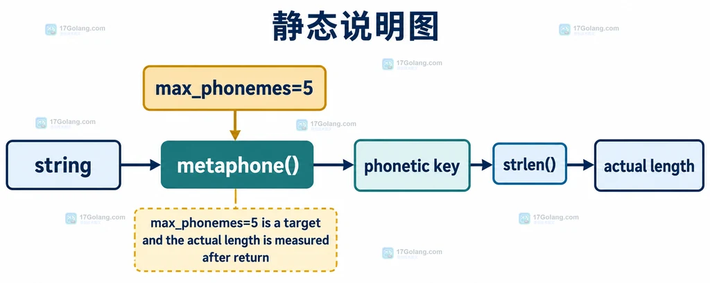 PHP metaphone 输入词、max_phonemes 参数与语音键返回值之间的结构关系