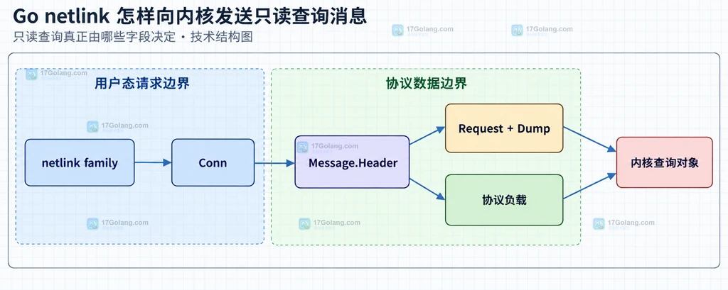 Go netlink family、消息头、只读标志和协议负载之间的关系结构图