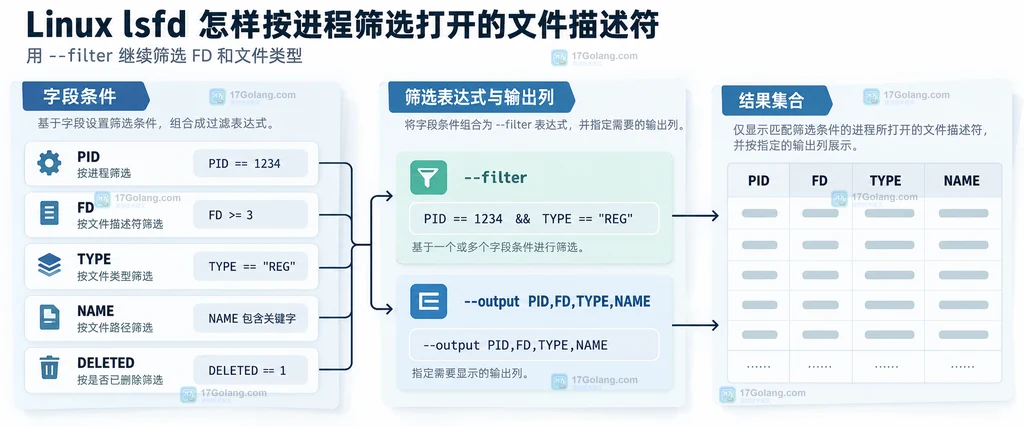 Linux lsfd 字段过滤与稳定输出列关系的结构说明图