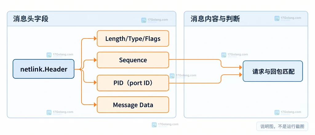 Go netlink Header 中 Sequence、PID port ID 与消息内容的结构关系说明图