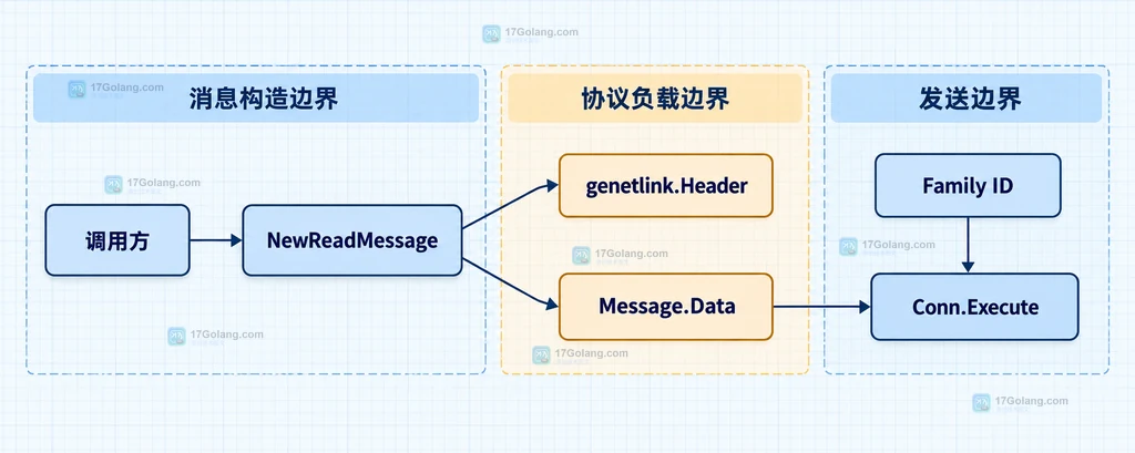 Go genetlink 只读查询的 API 契约图，展示 ResolveFamily、NewReadMessage、Execute 和回复解码边界