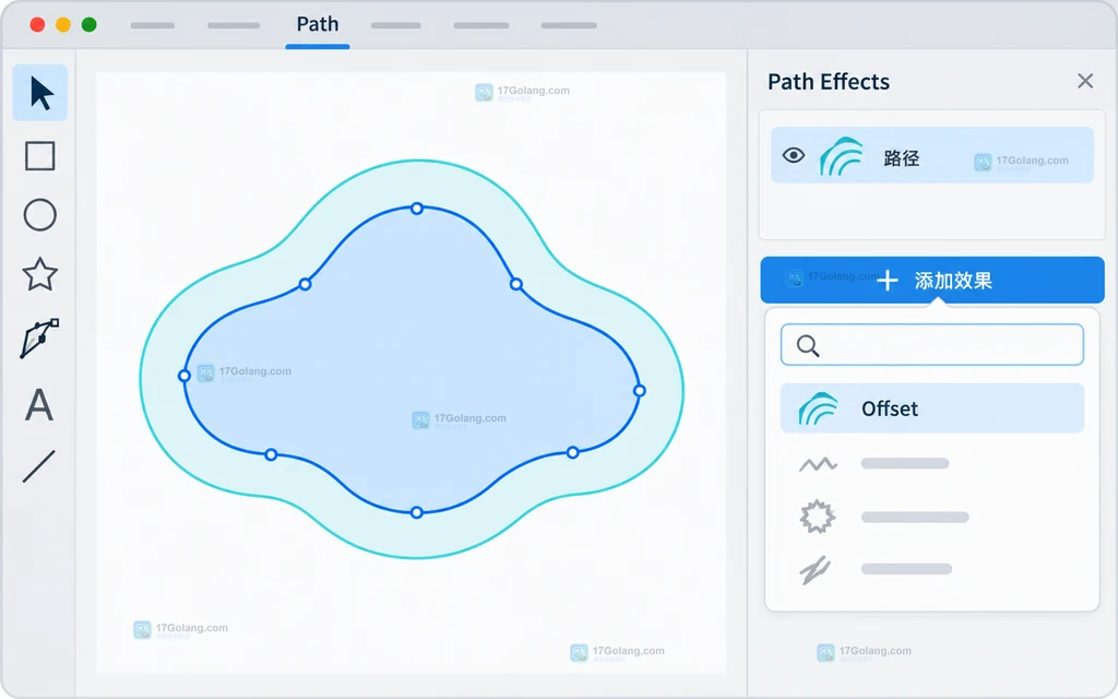 Inkscape 原创界面说明图：选中路径并打开 Path Effects 面板，效果列表准备添加 Offset