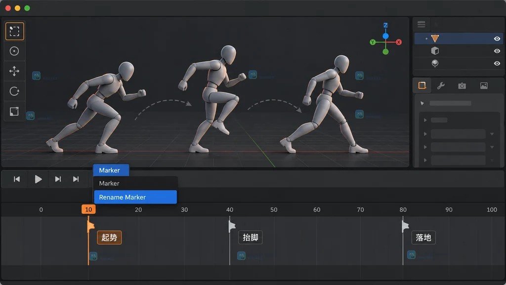 Blender 原创界面说明图:Timeline 上的多个命名标记与 Marker 菜单重命名入口