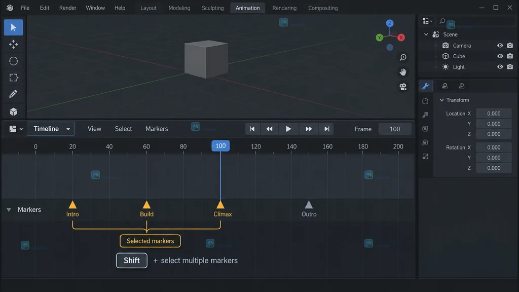 Blender 时间轴标记行中多个时间标记处于选中状态的原创界面说明图