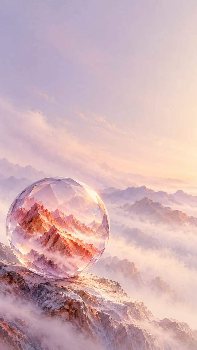 手机壁纸提示词：浅紫冰晶球内部的珊瑚色山脉