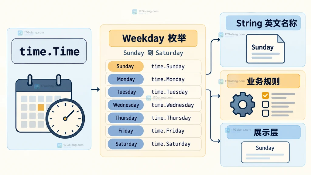 time.Time、Weekday枚举和星期名称之间的职责分层结构图