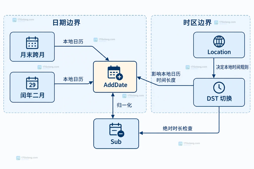 AddDate日历字段和Add固定时长在时间线与时区边界上的关系说明图