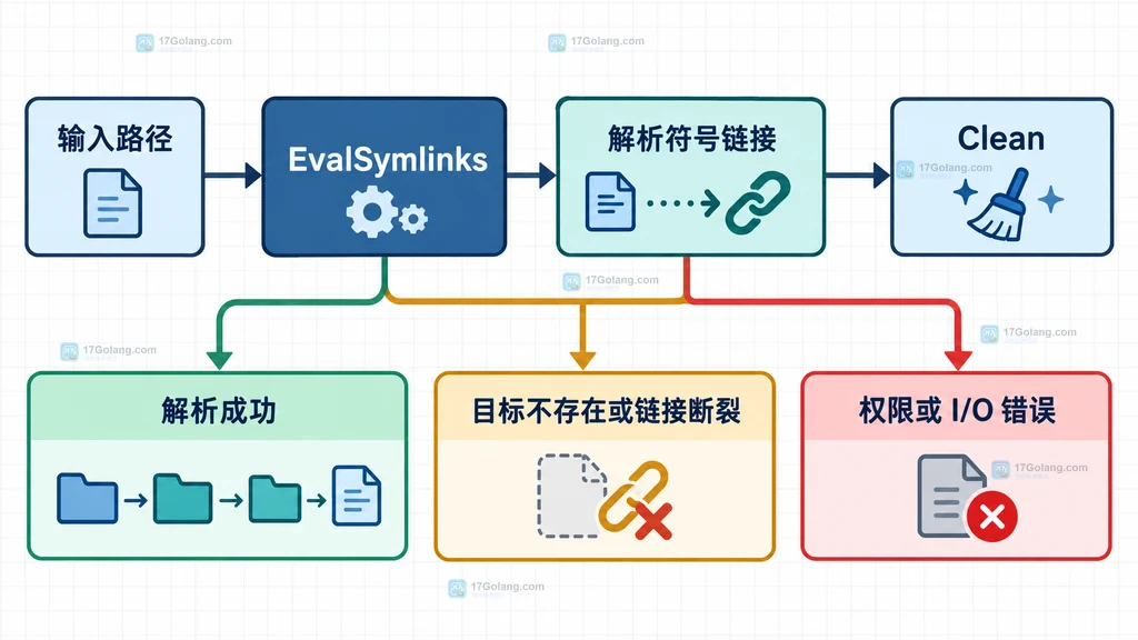 Go 符号链接排障按 EvalSymlinks、errors.Is、Lstat 和后续打开操作分层判断的结构说明图