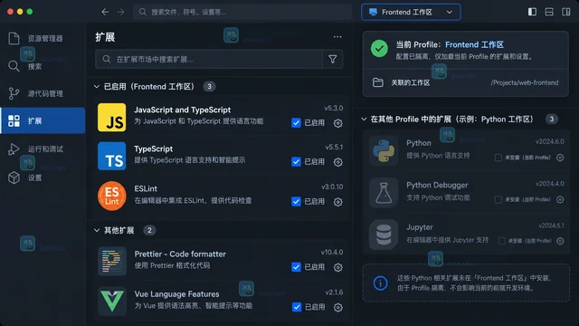 VS Code Profiles 怎样隔离 Python 与前端扩展配置