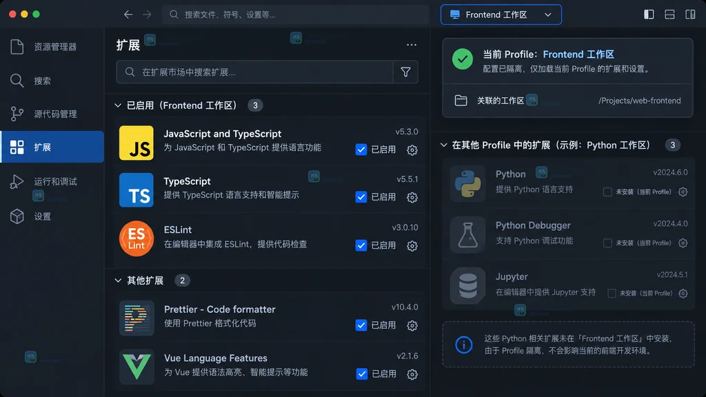 VS Code Frontend 工作区 Profile 中查看前端扩展和工作区关联的原创界面说明图