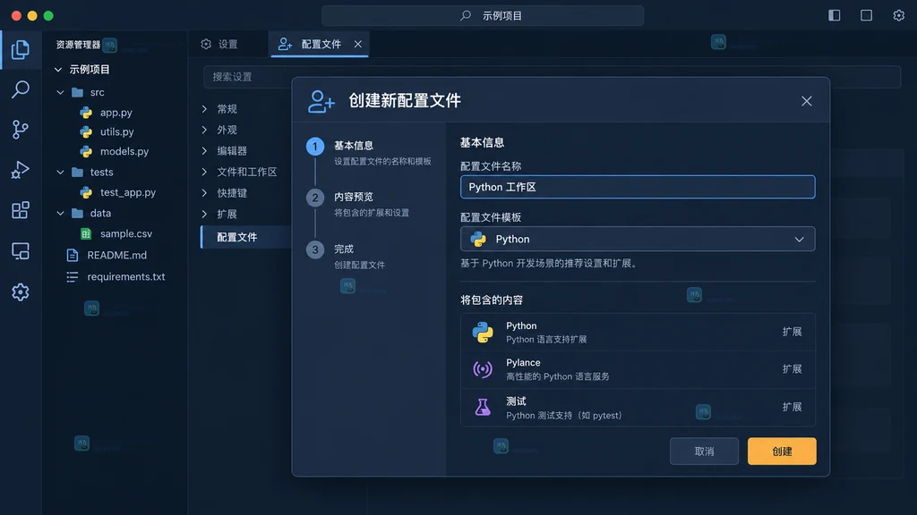 VS Code Profiles 编辑器中创建 Python 工作区 Profile 的原创界面说明图