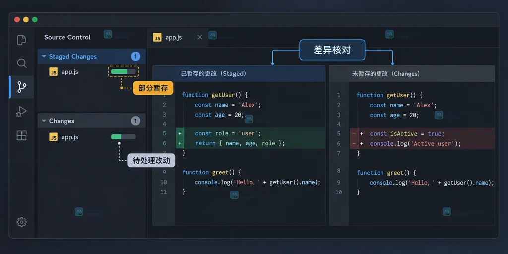 VS Code Source Control 同一文件分别出现在 Staged Changes 与 Changes 的原创界面说明图