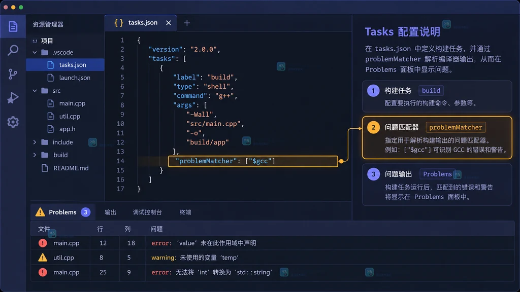 原创界面说明图:tasks.json 中的 problemMatcher 与构建任务配置关系